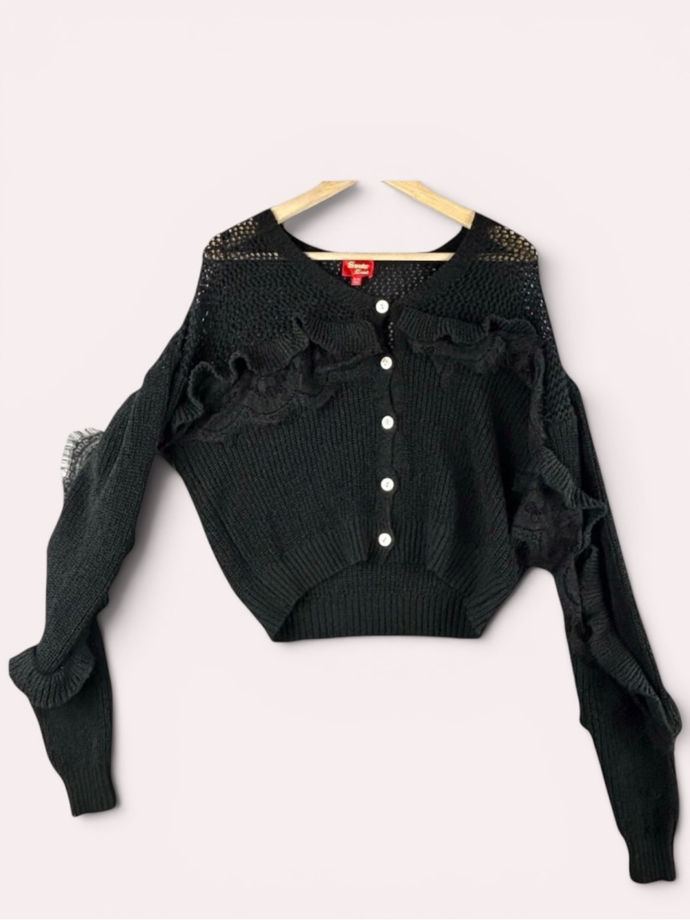 Y2K Women's Sweater Land Sweater Size S/M Black Open Knit Lace Mesh Whimsigoth